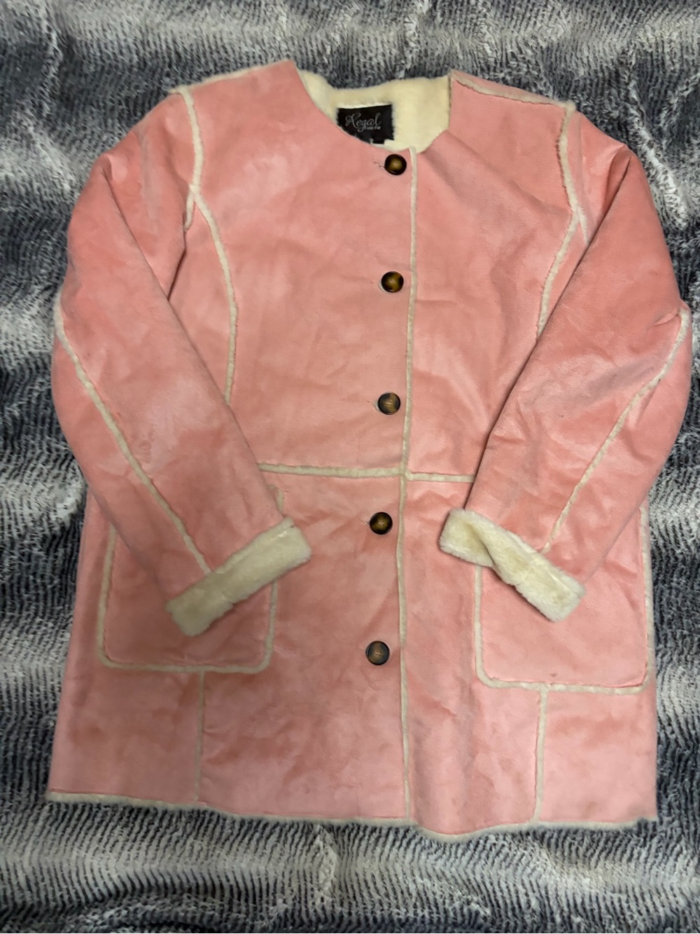 Pink Faux Shearling Coat with Cream Trim